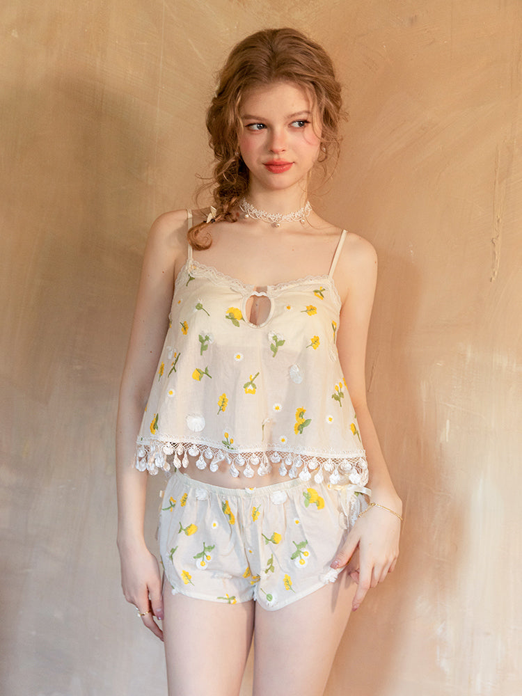 Beige floral camisole shorts set standing view
