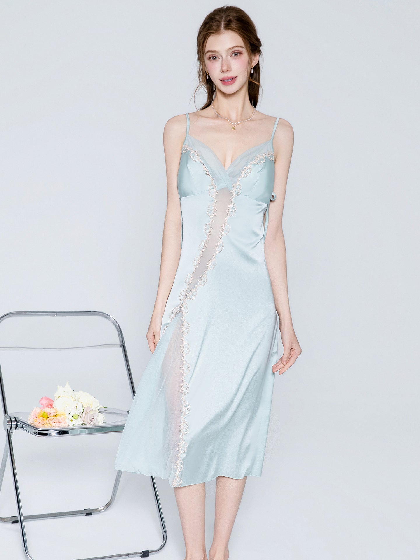 Satin lace panel midi nightgown image 2