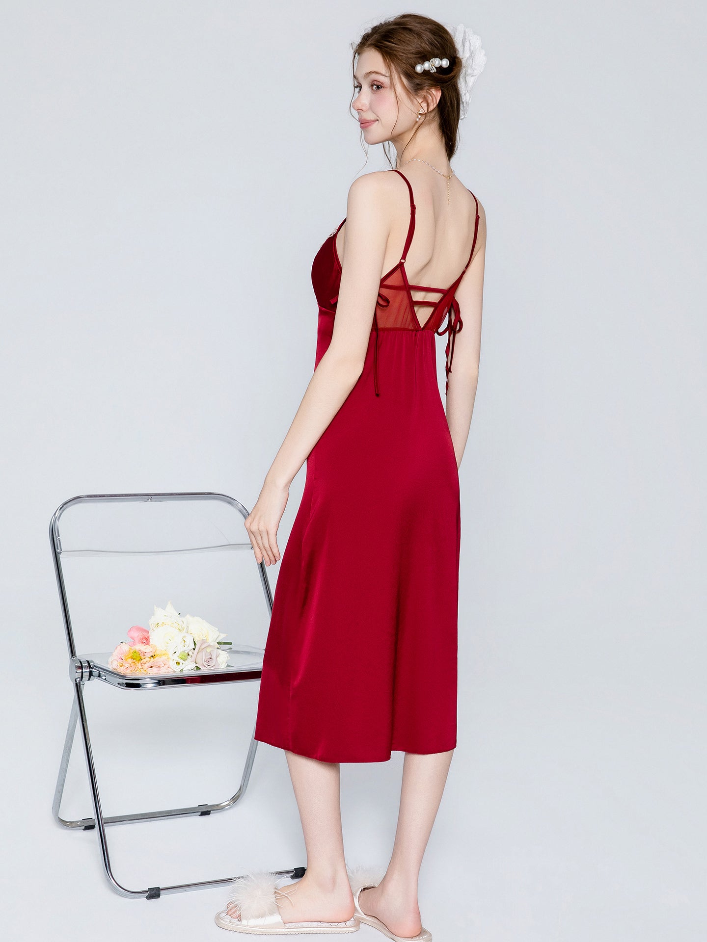 Satin lace panel midi nightgown image 12