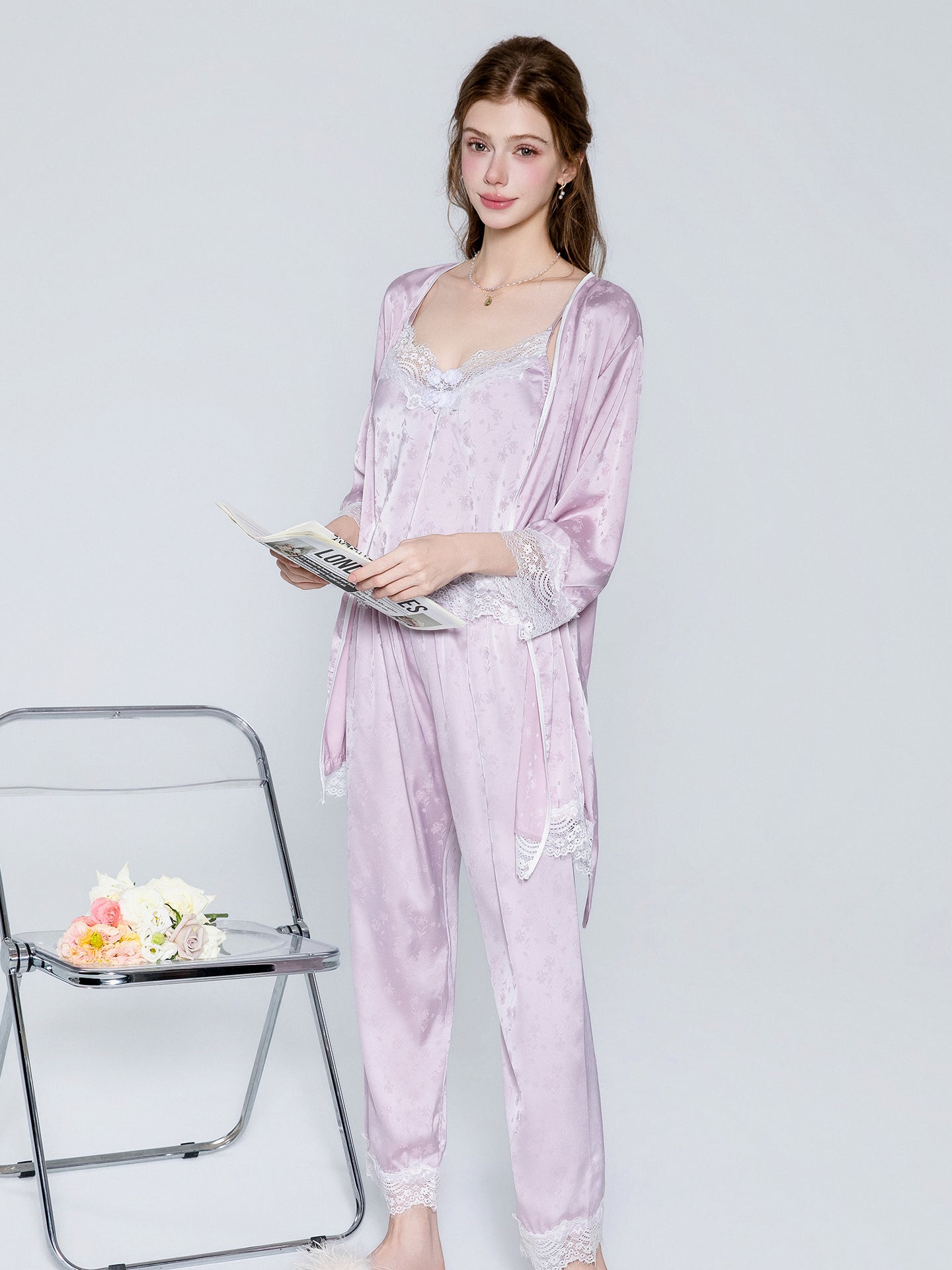 Lavender satin cami pants pajama set and robe image 5