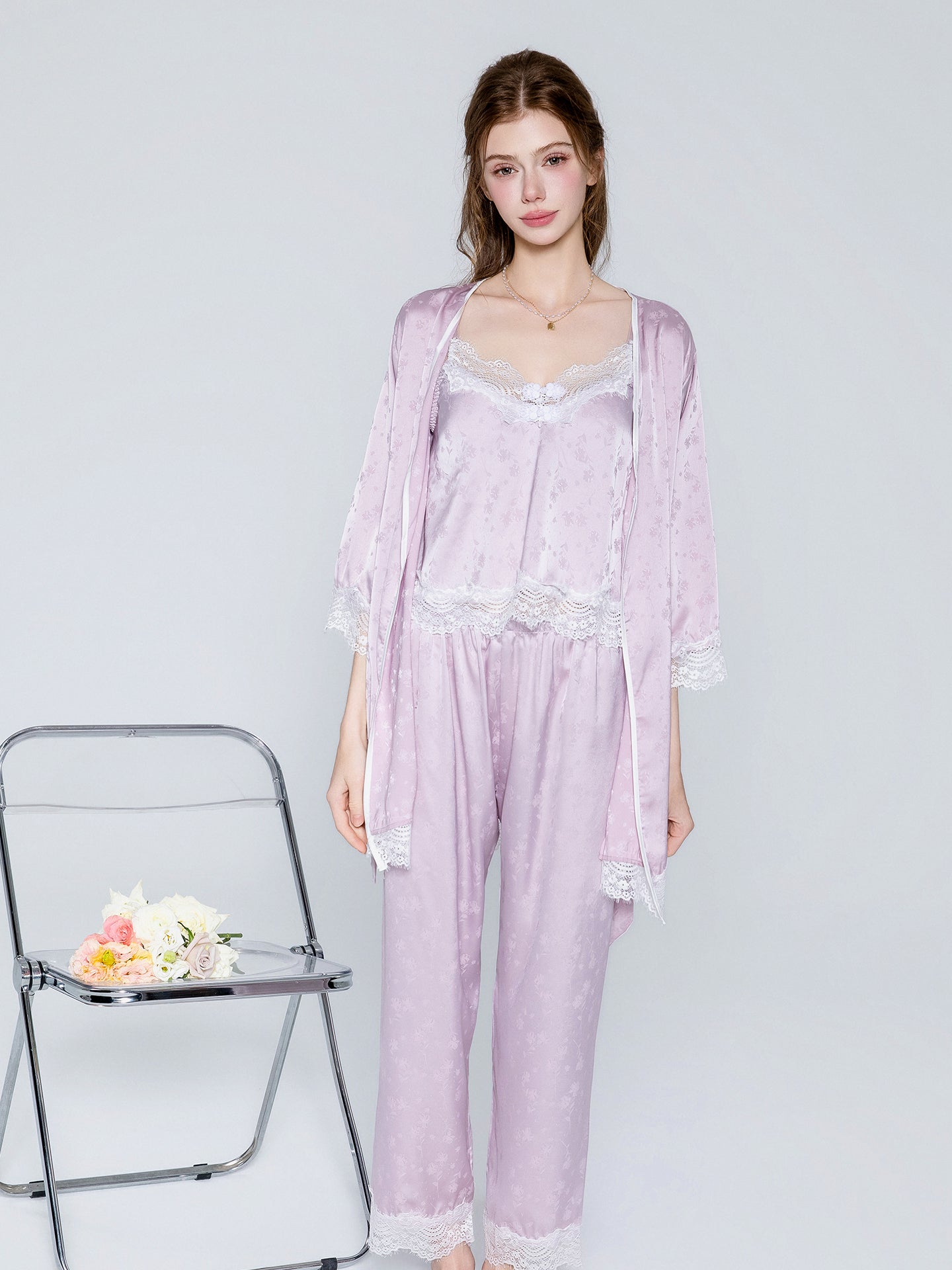 Lavender satin cami pants pajama set and robe image 6