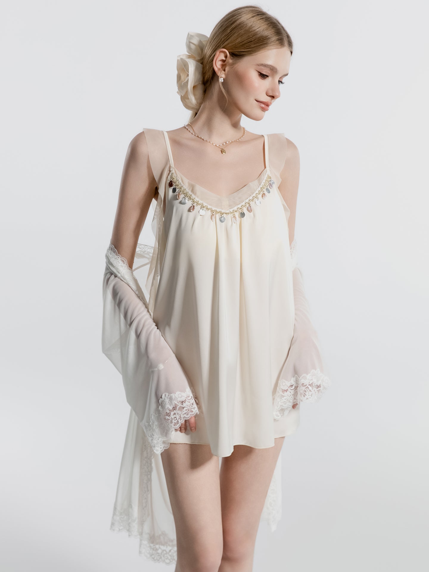 Organza flutter satin slip dress angled view