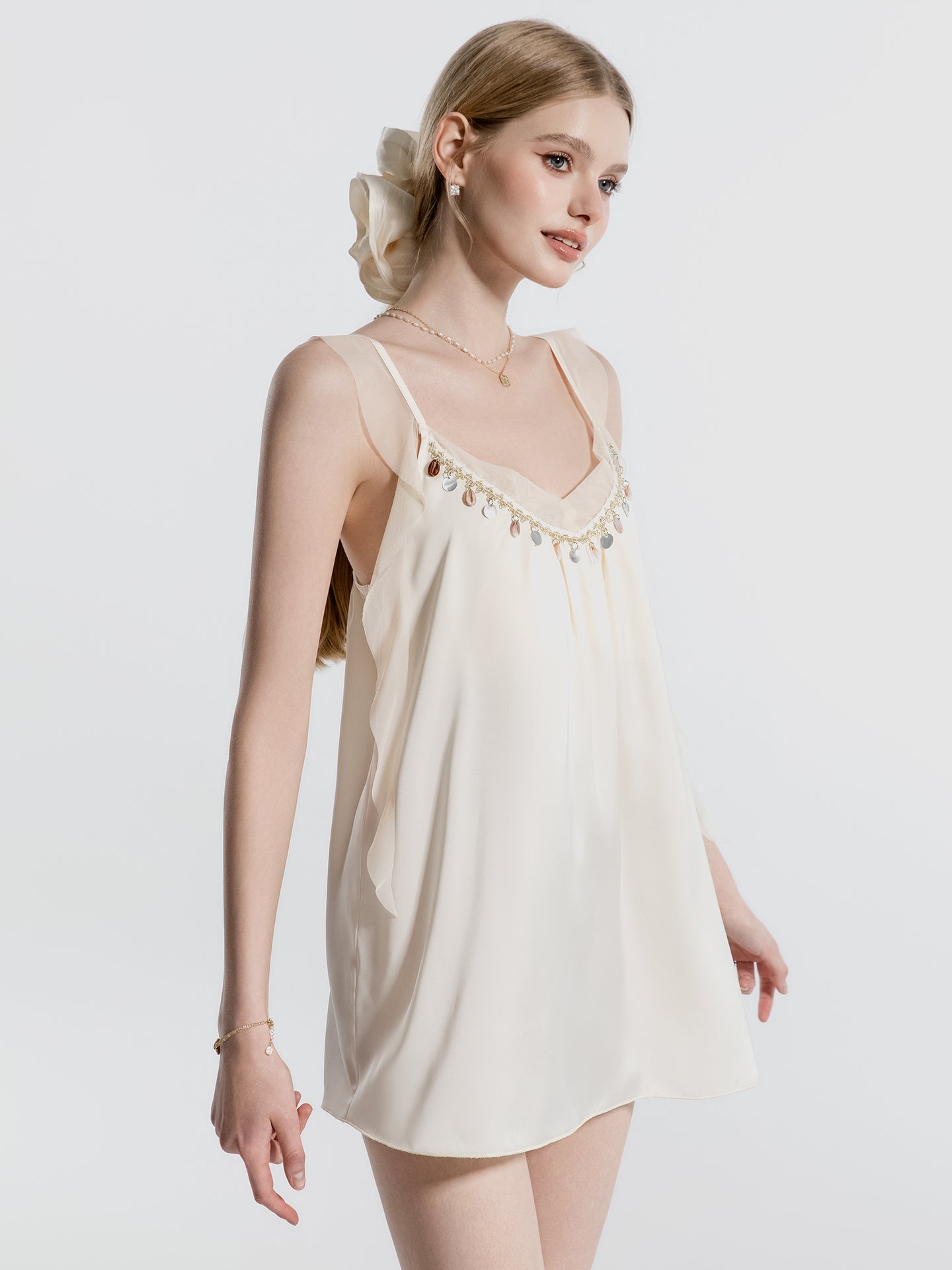 Coin trim V neck nightgown bodice detail