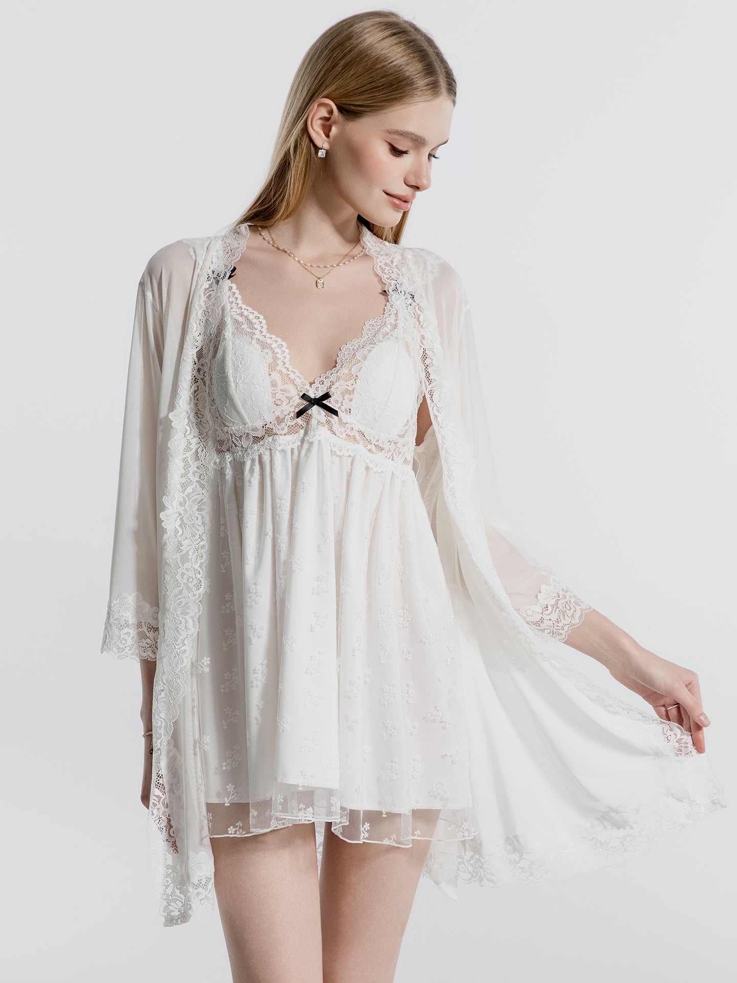 Floral embroidered mesh babydoll nightgown front view
