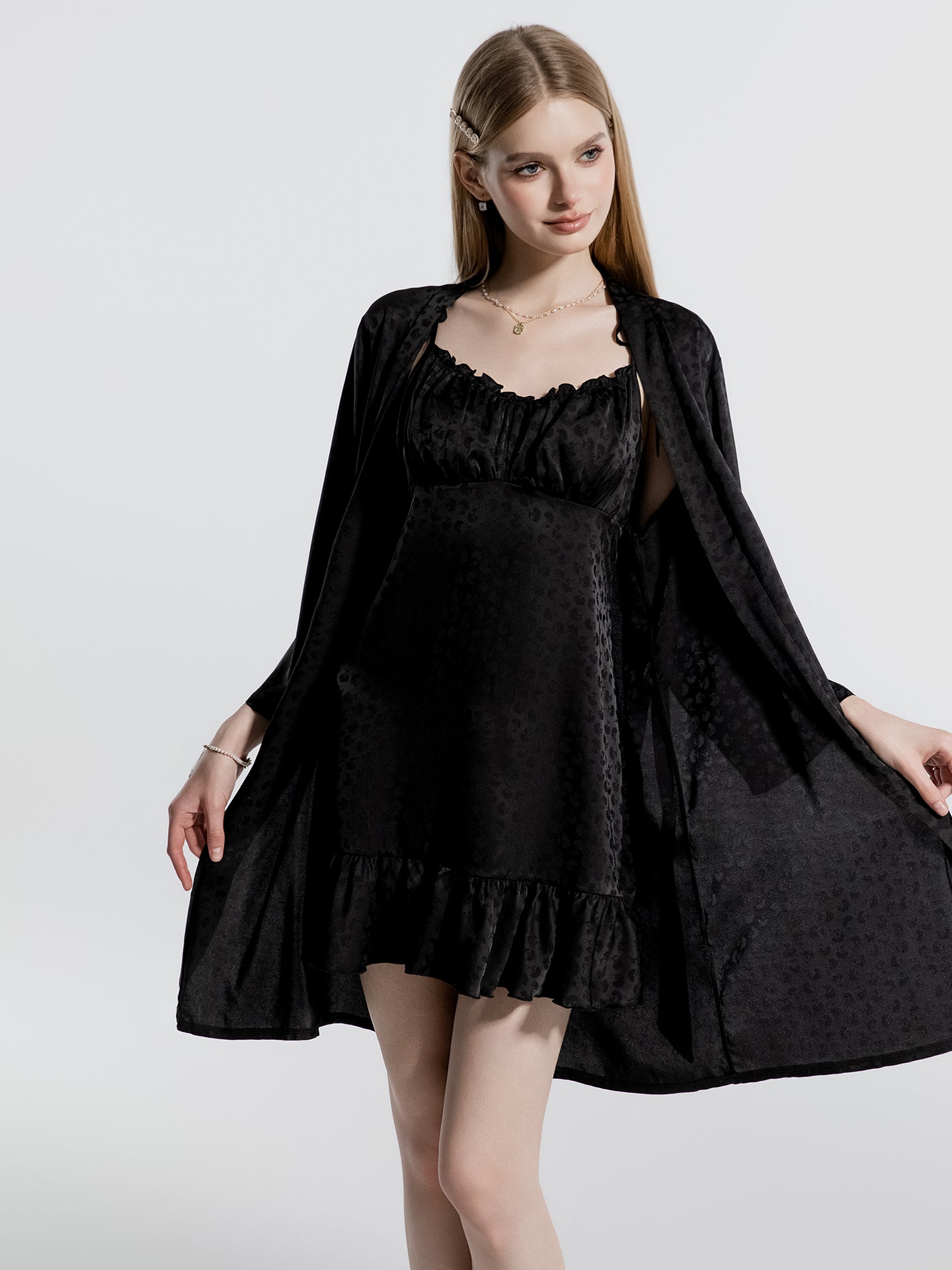 Black satin nightgown long robe layered view