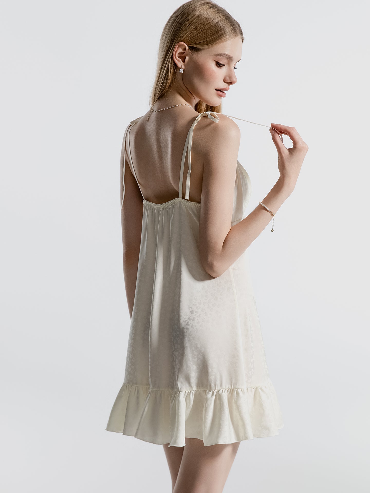 White tie strap satin sleep dress rear view