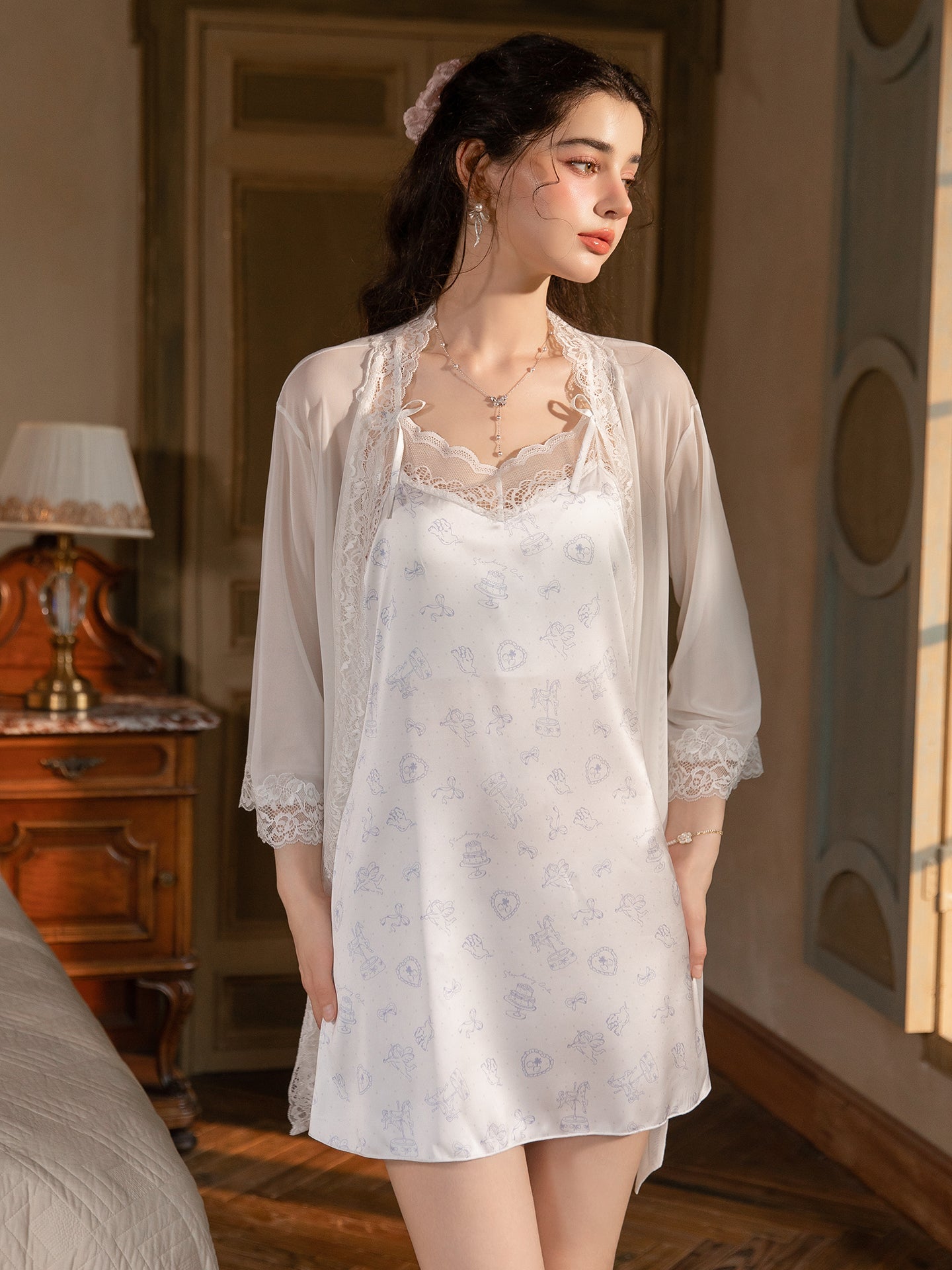 White tea party print lace satin nightgown robe layered view