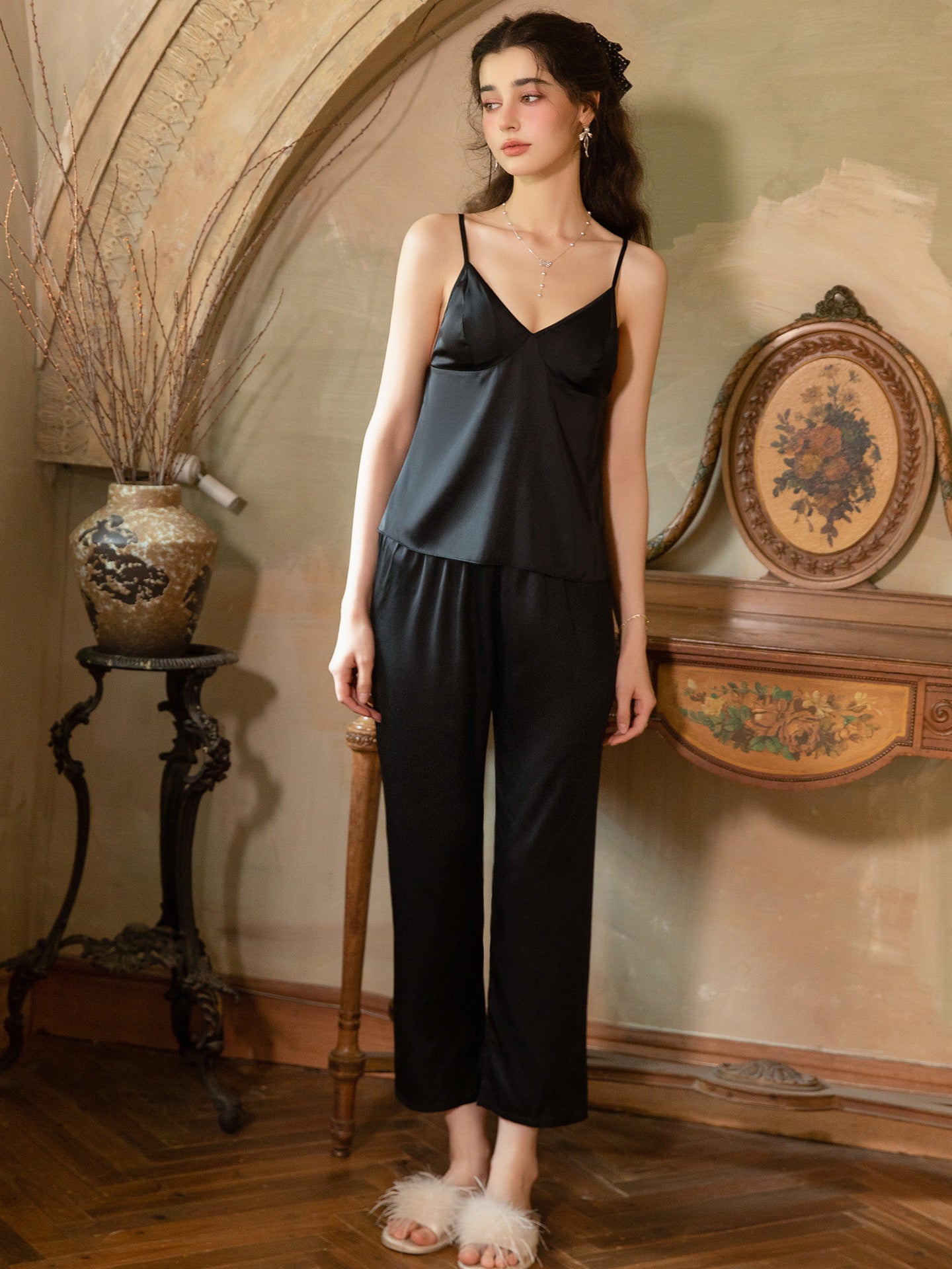 Black V neck satin cami pants set front view