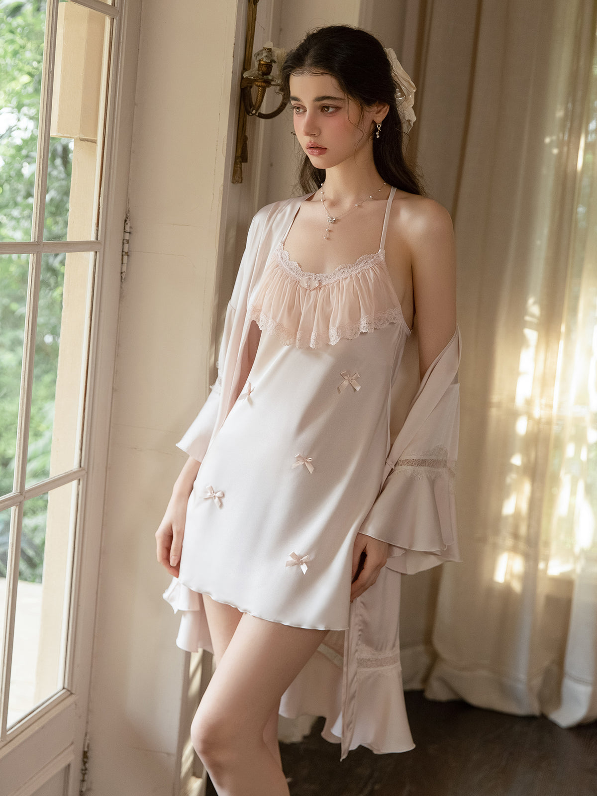 Pink satin Dress styled beneath coordinating Robe sold separately
