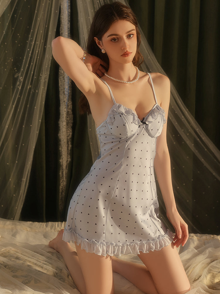 Ruffle Trim Heart Print Slip Dress