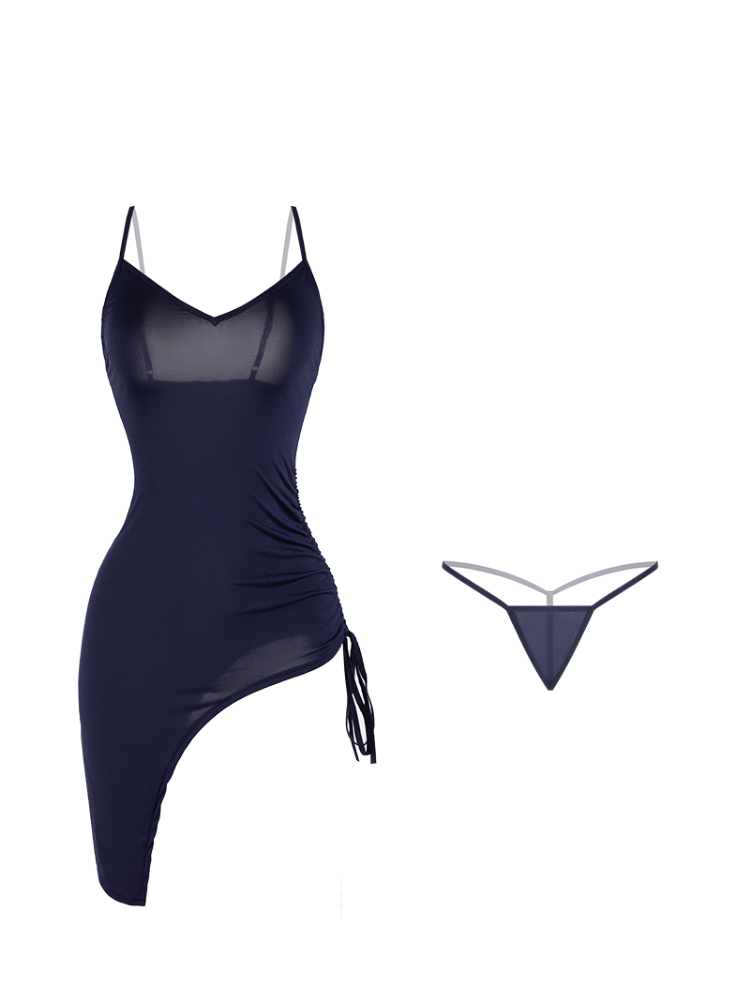 Asymmetrical Ruched Satin Slip Dress Navy Blue Mini Dress on a white background