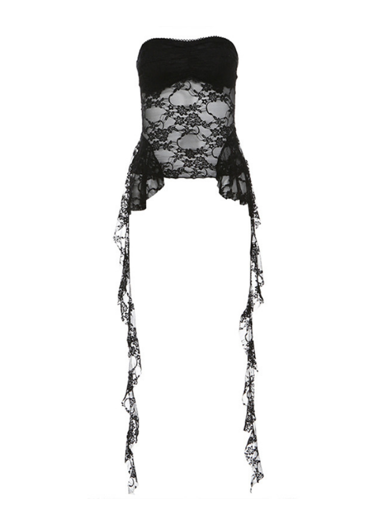 Black Strapless Lace Mesh Tube Top on a white background