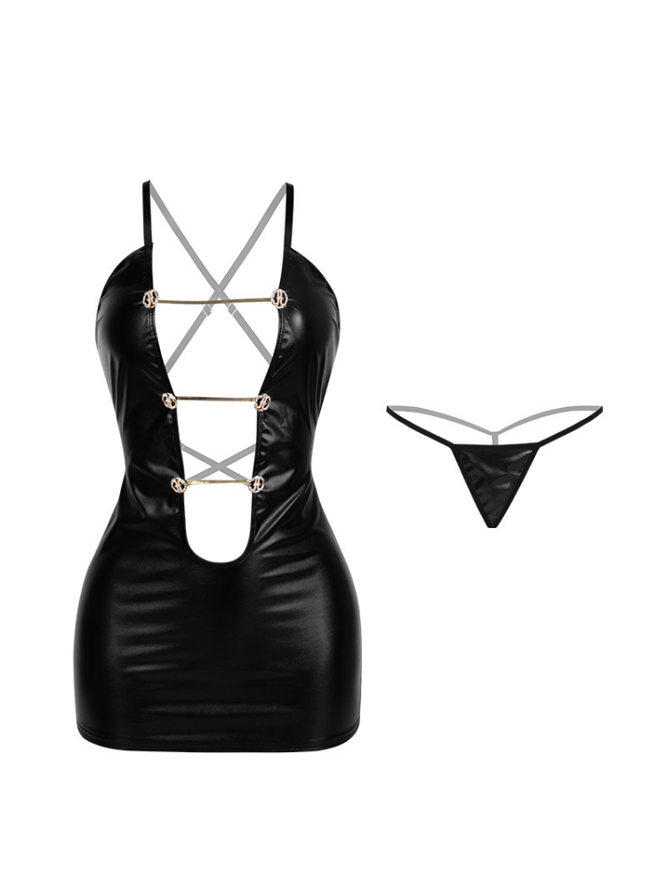 Wet Look Cutout Black Mini Dress Bodycon Leather Dress Lingerie Set with a separate thong on a white background