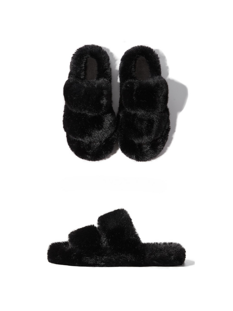Black fuzzy slippers top and side view double strap soft fur