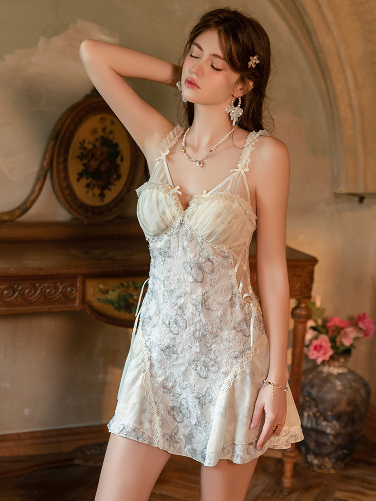 Woman wearing a Sheer Lace Mini Slip Dress Light Yellow Lingerie Dress in an elegant room setting