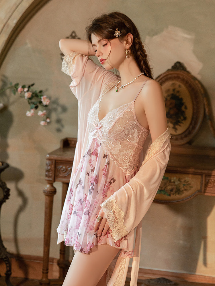 Woman in a Sheer Butterfly Lace Babydoll Nightgown standing in a vintage-style room.
