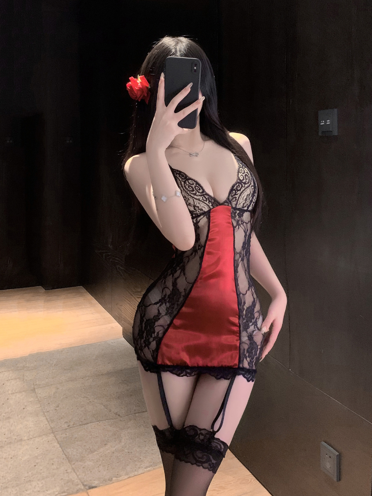 Contrast Panel Floral Mini Nightdress Stockings Set Red standing mirror view