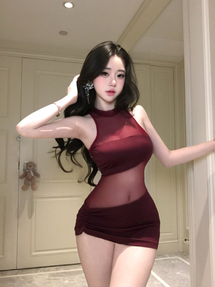 High Neck Sheer Waist Mini Lingerie Dress Burgundy standing front view