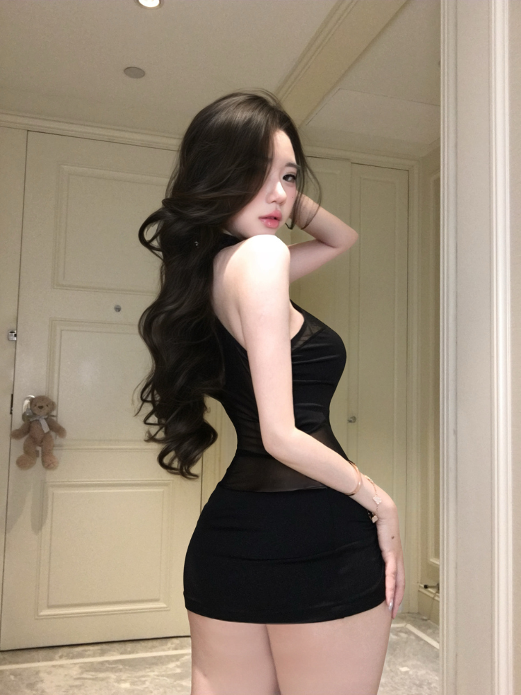 High Neck Sheer Waist Mini Lingerie Dress Black rear angled view