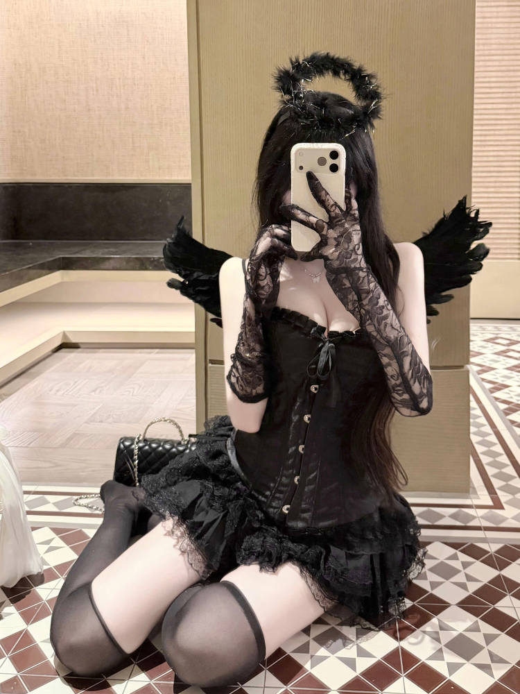Layered Ruffle Corset Mini Costume Set Black angled front view