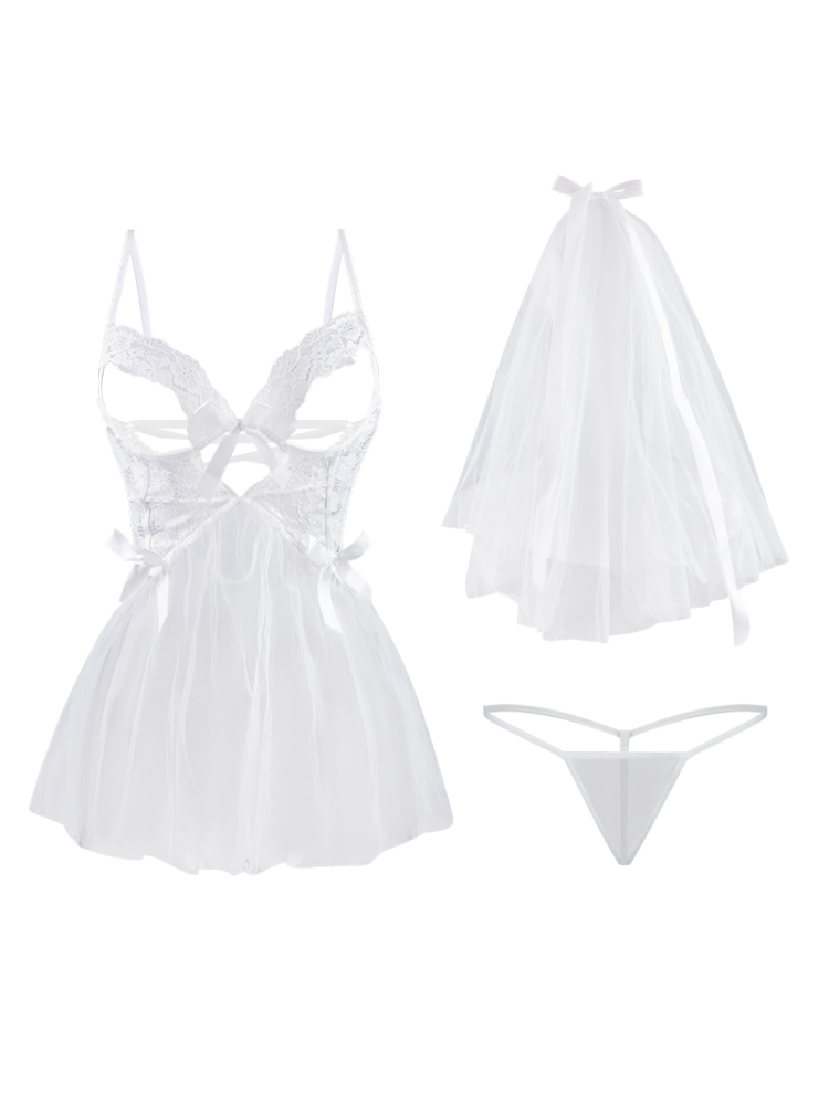 Lace Bridal Babydoll Tulle Dress in white laid flat showing matching thong and veil
