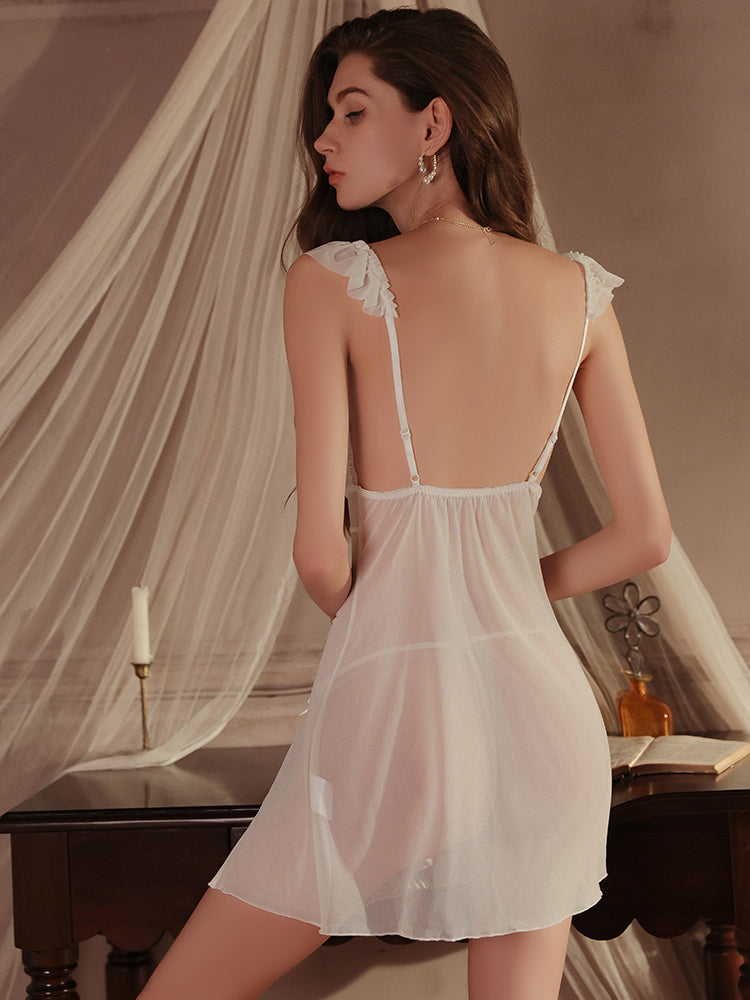 Back view standing pose sheer lace dress see through dress white