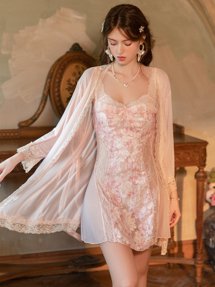 Woman wearing a floral Floral Lace Overlay Slip Dress with Ruffle Trim with a lace cover-up in an elegant room.