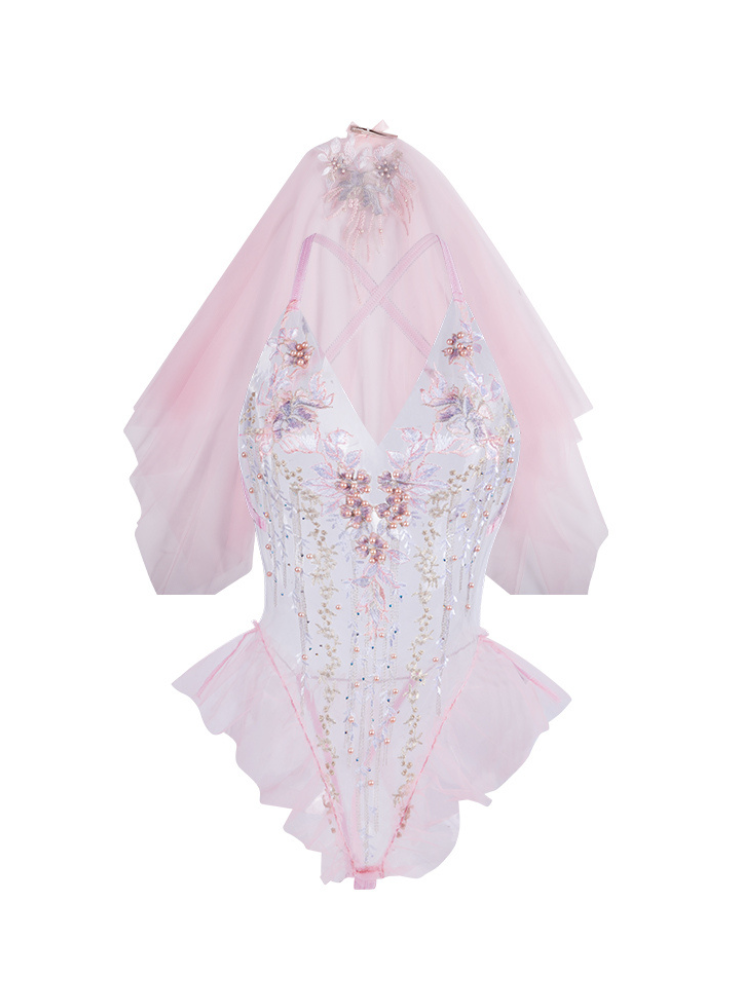 pink embroidered halter bridal bodysuit with veil set