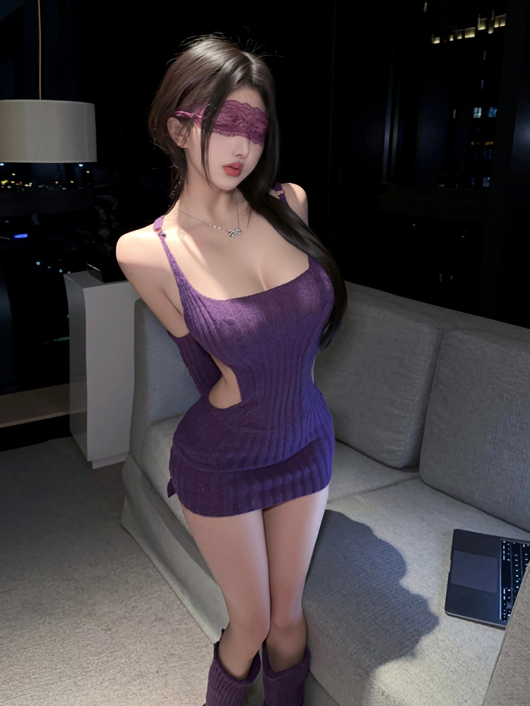 Open Back Side Cutout Mini Lingerie Dress Purple standing front view