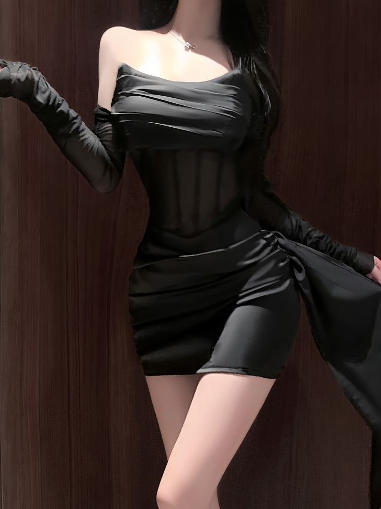 Strapless Sheer Waist Drape Mini Dress Set Black front detail showing sheer waist