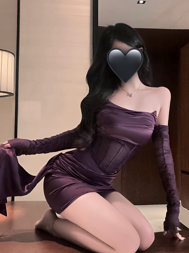 Strapless Sheer Waist Drape Mini Dress Set Purple seated view showing side drape