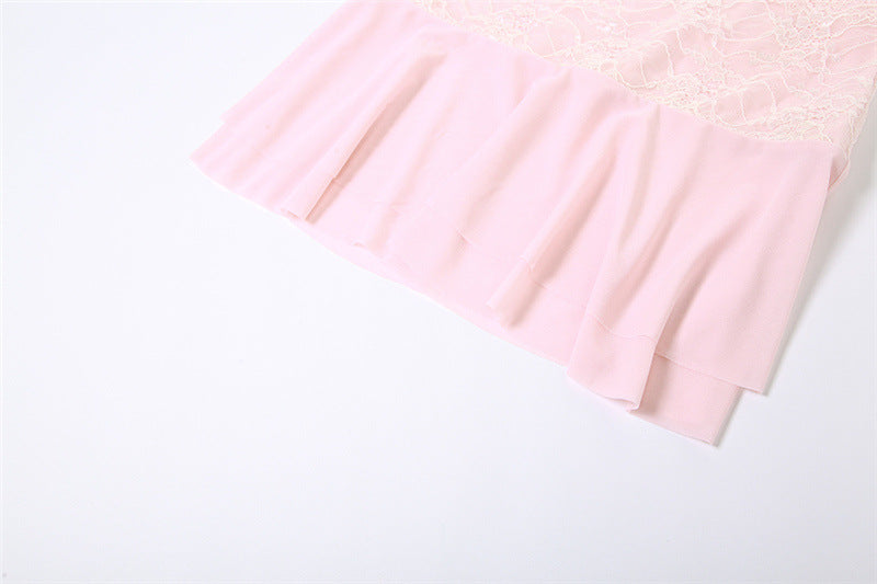Pink Lace Corset Top and Pleated Mini Skirt Two Piece Set