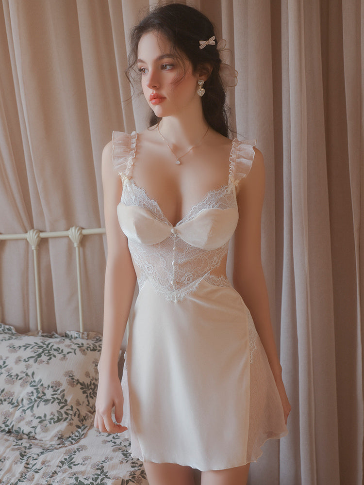 Woman wearing a Lace Corset Bodice Velvet Slip Dress in a bedroom setting