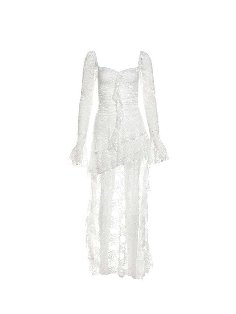 White dress with ruffled details on a white background