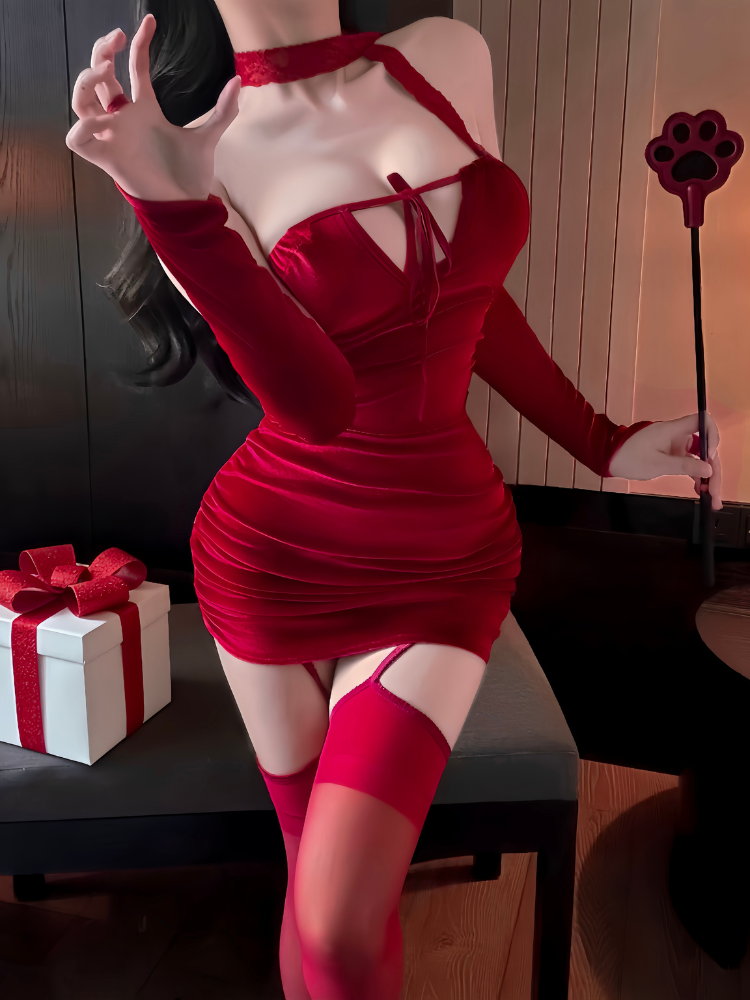 Asymmetric Halter Keyhole Ruched Mini Dress Set front detail showing keyhole and bow