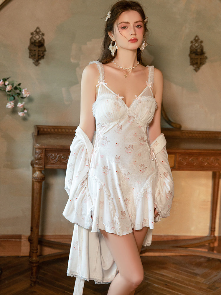 Woman wearing a white Cartoon Motif Lace Boned Slip Dress with Ruffle Straps in an elegant room.
