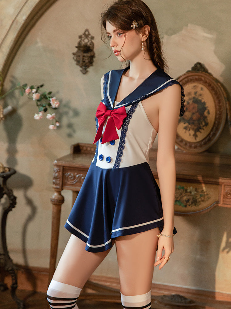 Woman wearing a Sailor Collar Bow Sailor Uniform Costume Navy Blue in an ornate room.