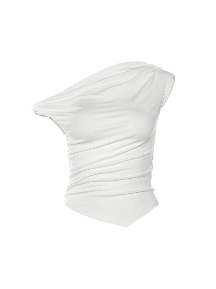 White one-shoulder top on a white background
