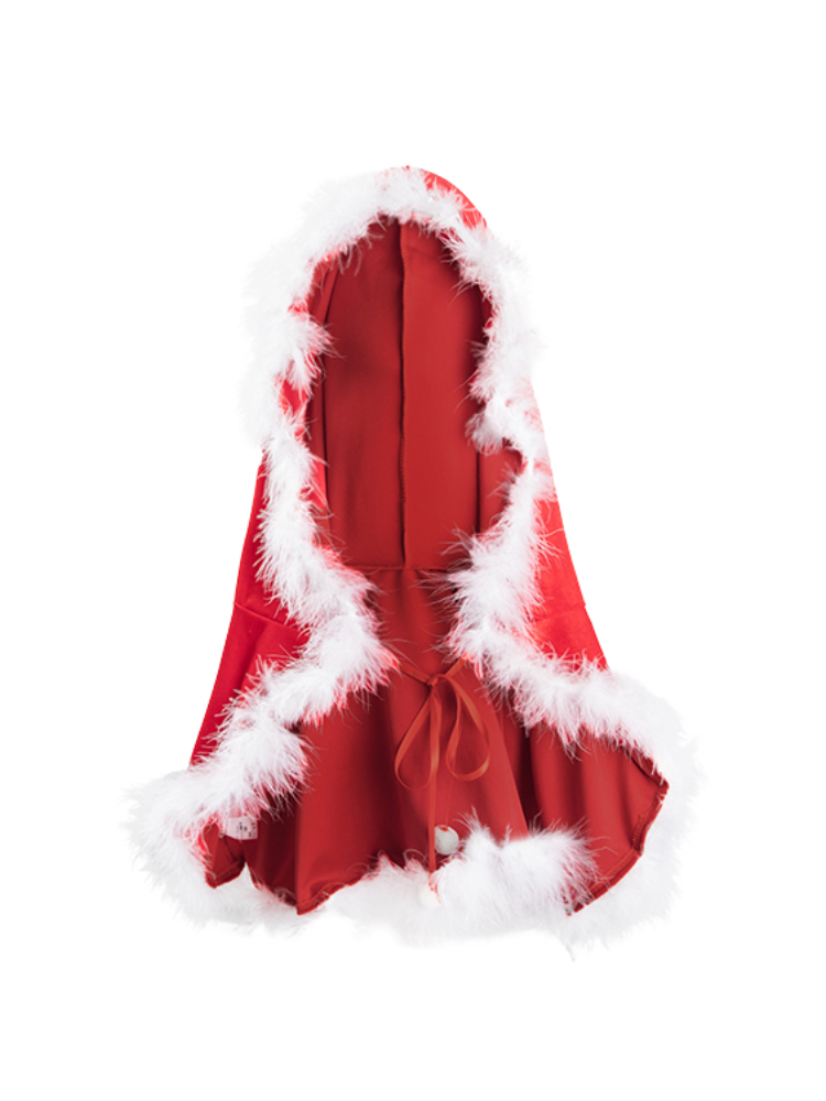 Red hooded cloak with white fur trim on a white background