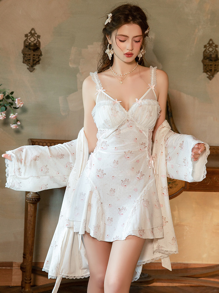 Woman wearing a white Cartoon Motif Lace Boned Slip Dress with Ruffle Straps in a vintage room.