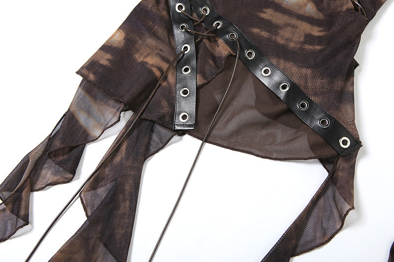 Brown Mesh Asymmetrical Corset Top Y2K Grunge Crop Shirt