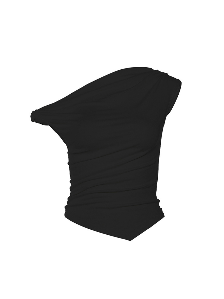 Black one-shoulder top on a white background