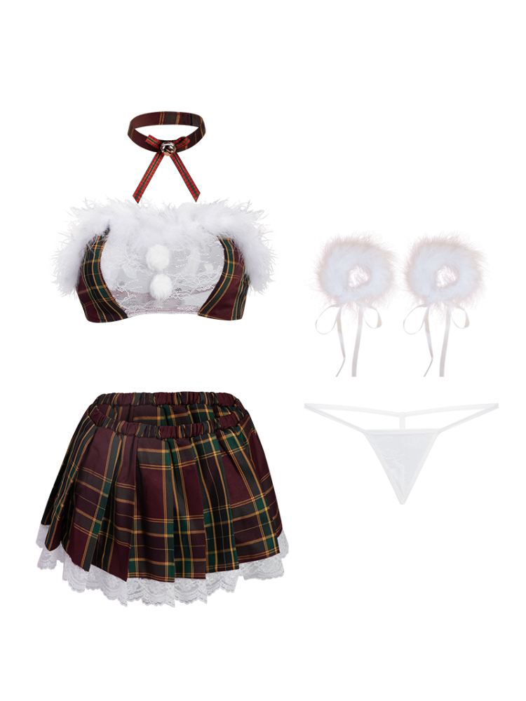 School uniform set with top, skirt, and accessories on a white background