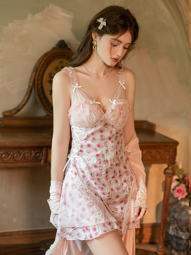 Woman wearing a floral Embroidered Lace Slip Lingerie Dress in a vintage-style room.