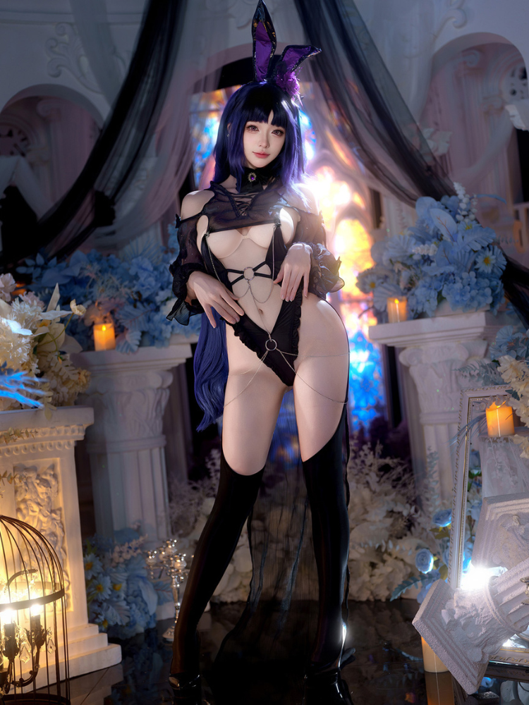 Black Sheer Lace Cutout Bunny Costume Sexy Lingerie Bodysuit