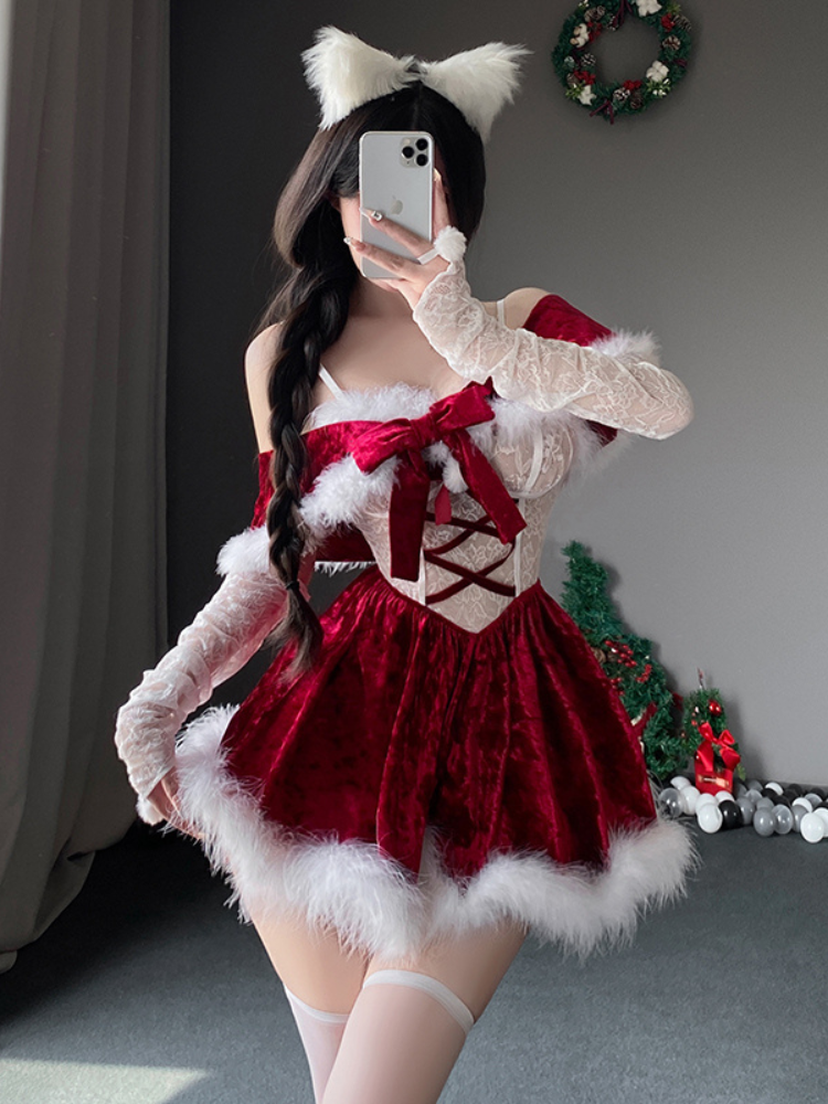 Person wearing a red and white costume with fur trim, taking a selfie. Sexy Lingerie Christmas Velvet Lace Lingerie Set Santa Dress