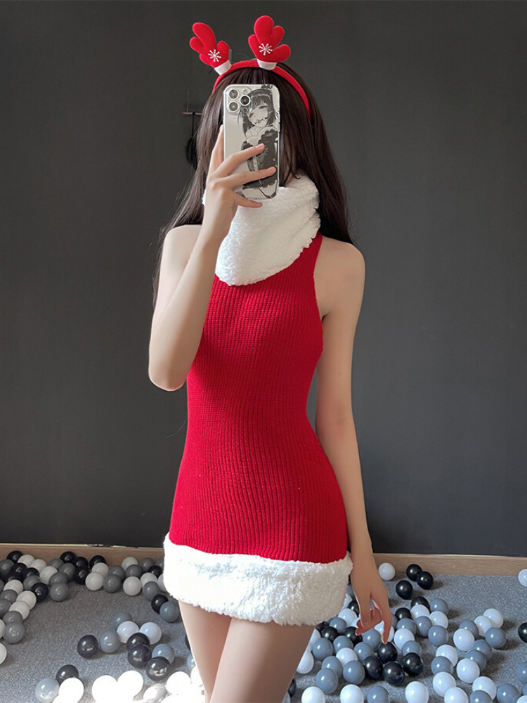 Sexy Christmas Sweater Dress with Faux Fur Trim Dress / Red / One Size Sexy Christmas Sweater Dress with Faux Fur Trim Dress / Red / One Size