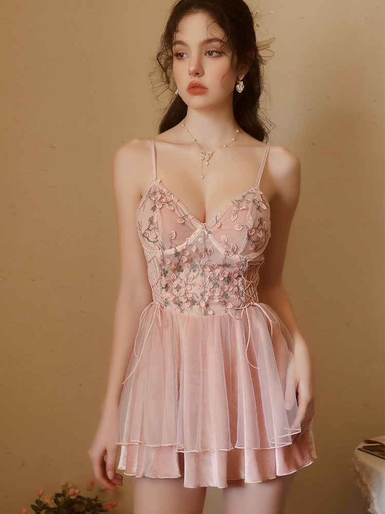 Embroidered Dress with Sheer Floral Details Embroidered Dress with Sheer Floral Details