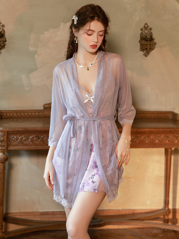 Woman wearing a light purple Sheer Butterfly Lace Babydoll Nightgown in a vintage room.