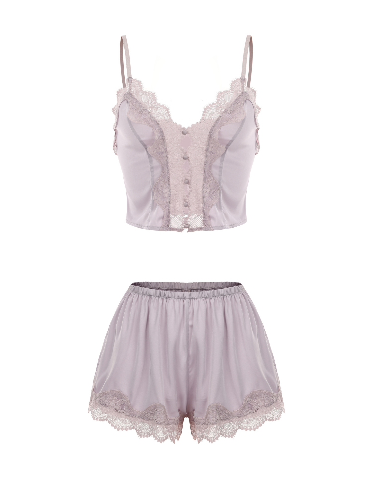 Lace-trimmed lingerie set with a top and shorts on a white background